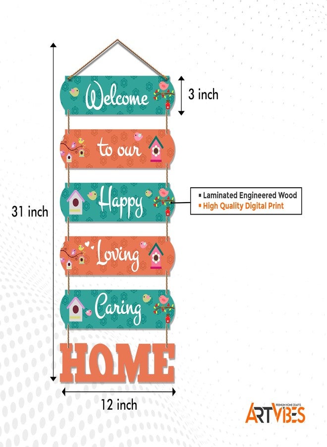 Artvibes Welcome To Our Happy Home Wooden Wall Hanger for Gateway | Decor Hanging Ornaments | Door Quotes Hanging | Wall Poster | Wall Art Print | Gift Items for Home Decor | Wall Accent (WH_6601N) - Image 5